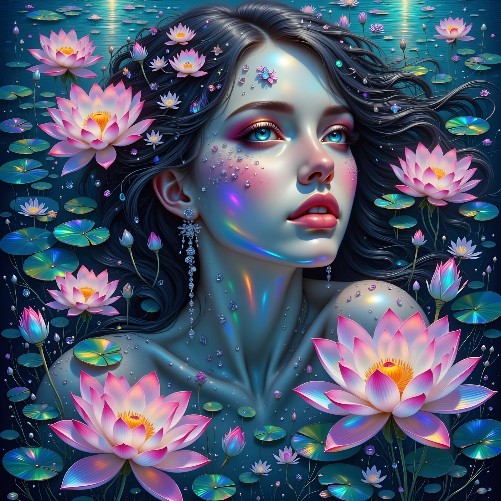 Ethereal Water Goddess in Prismatic Ocean