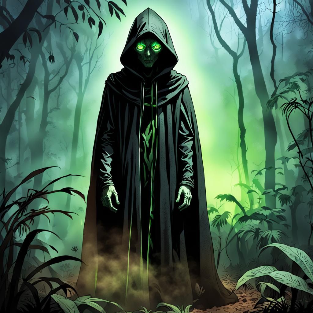 Eerie Cloaked Figure in Jungle Fog