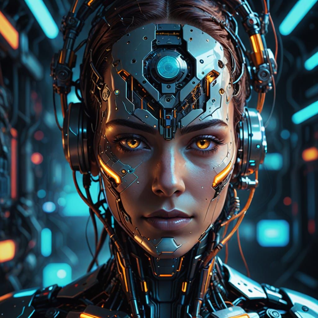 Cyborg Woman Portrait in Digital Glitch Art Style