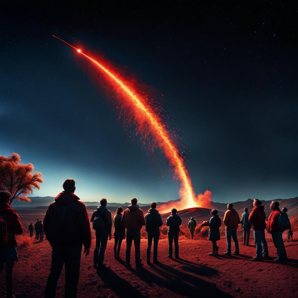 People Watch Red Comet in Hyper-Realistic Landscape