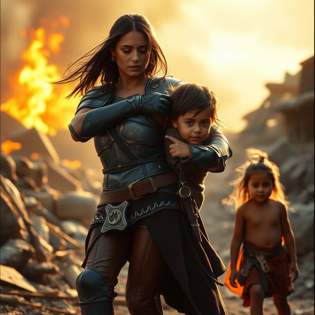 Courageous Woman Shields Children in Cinematic Style