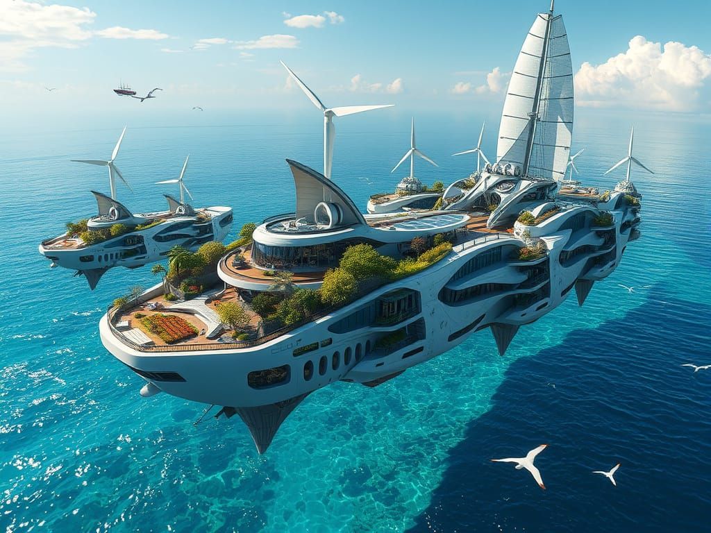 Surreal Solarpunk Floating City Radiates Harmony and Sustain...