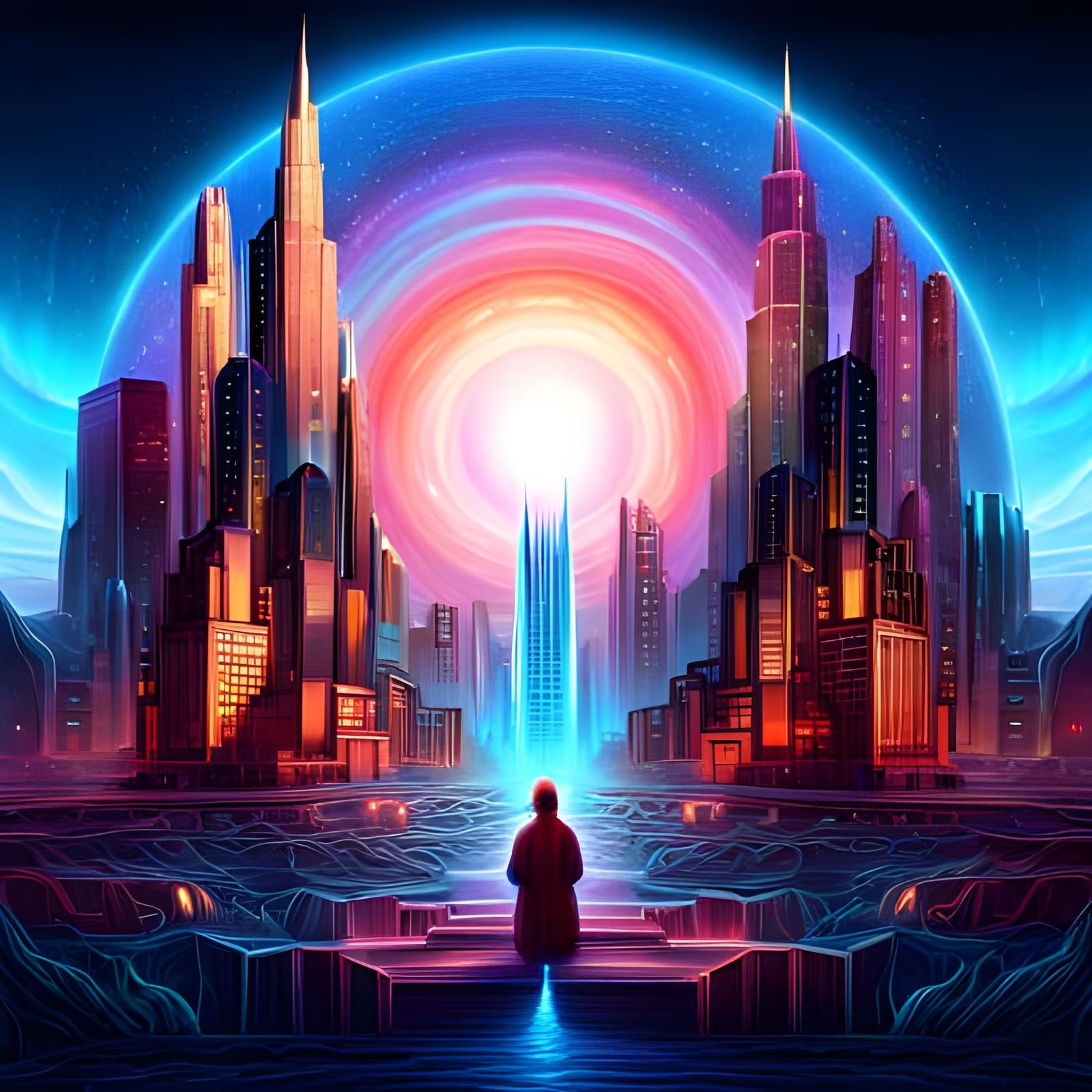 Cosmic Clock of Wisdom in Synthwave Style