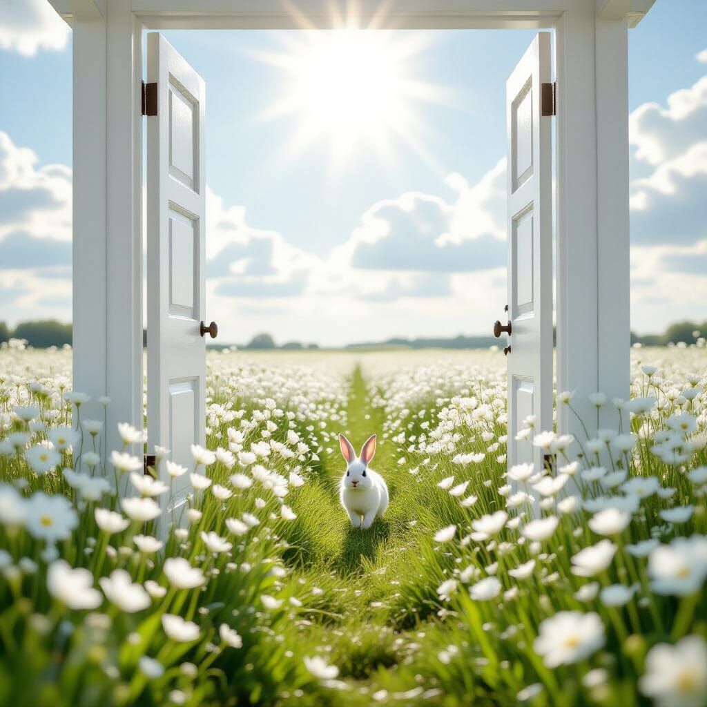 Ethereal White Flower Field with Rabbit