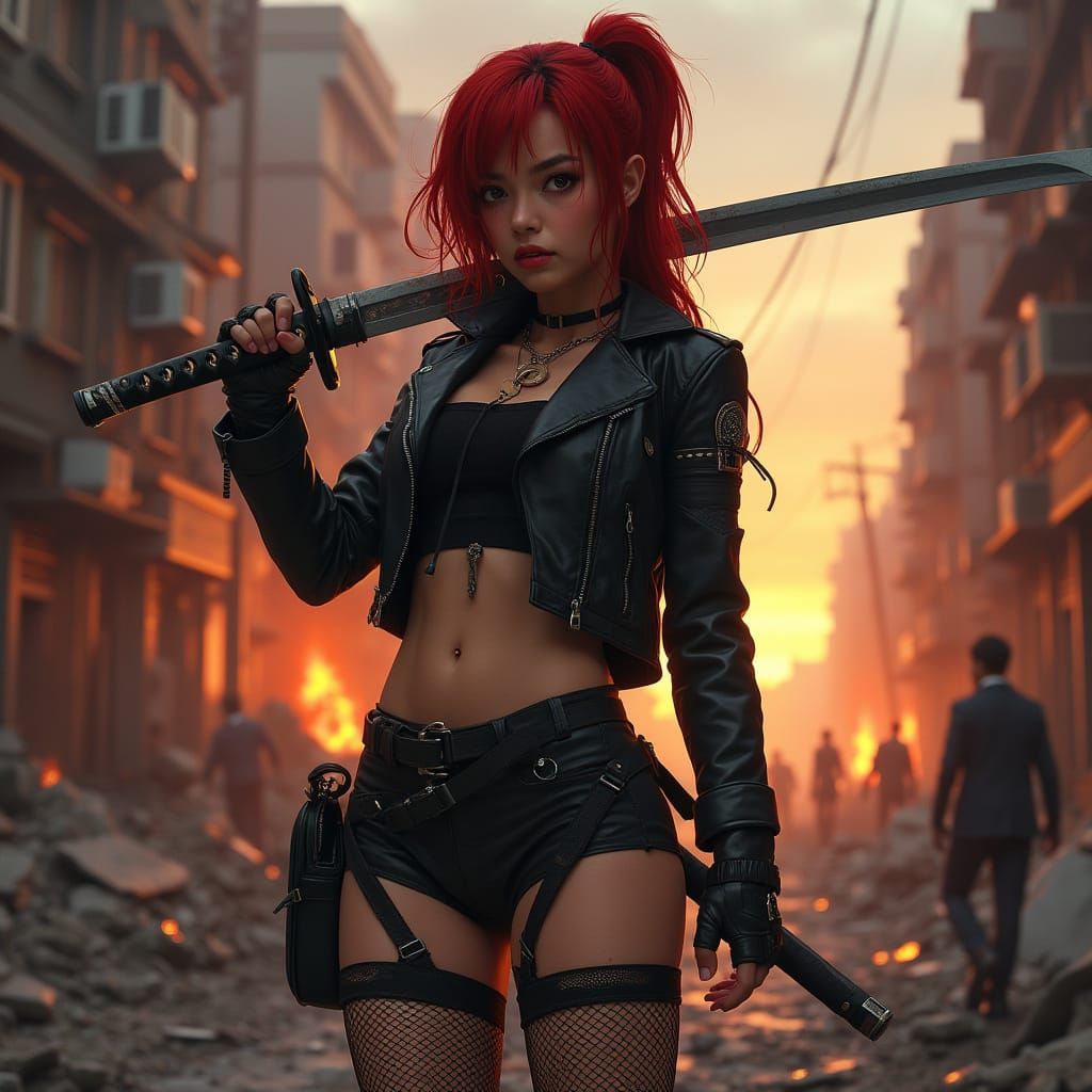 Goth Warrior Woman with Katana in War Torn City