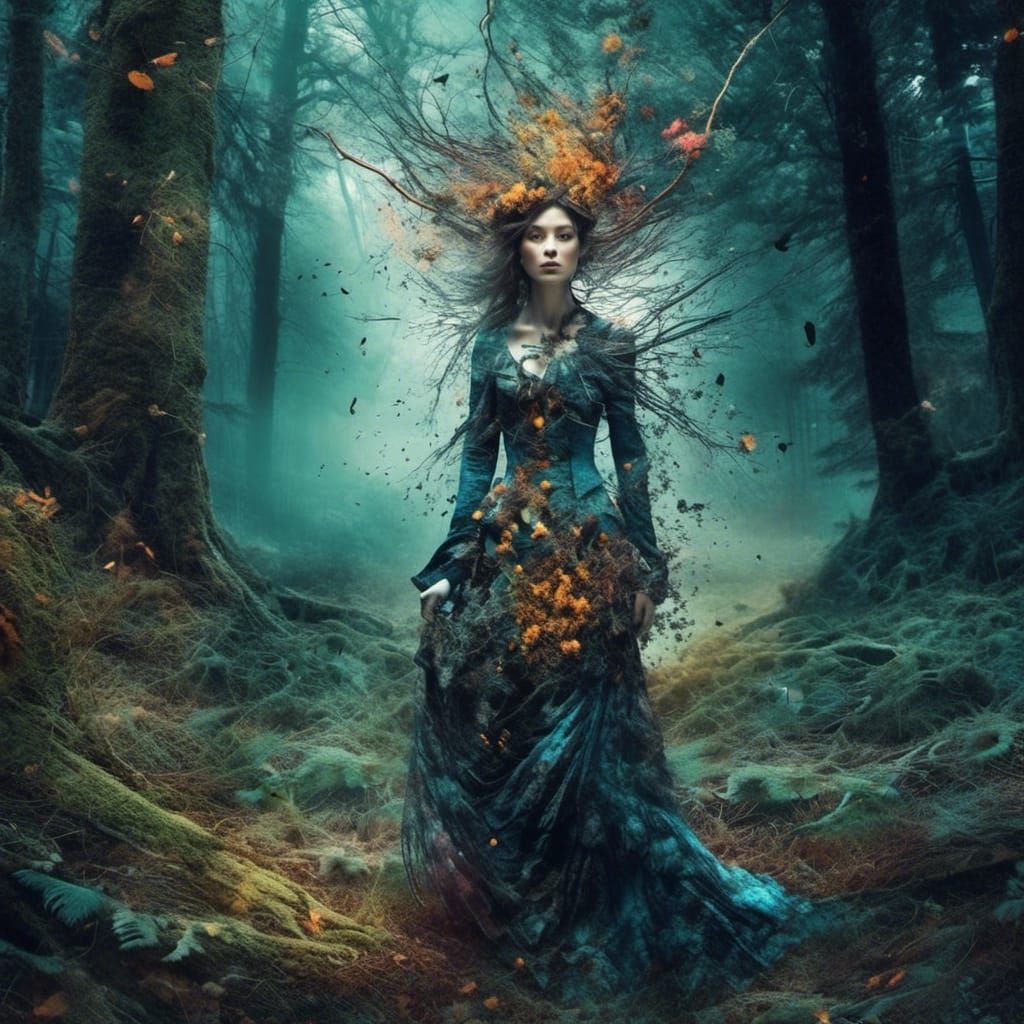 Double Exposure Witch in the Woods Illustration