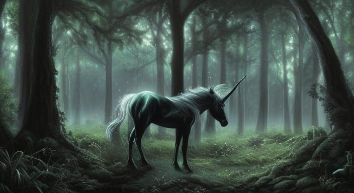 Black Unicorn in Dark Fantasy Forest