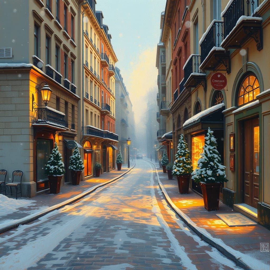 Dreamy Winter Cityscape in Warm Impressionist Style