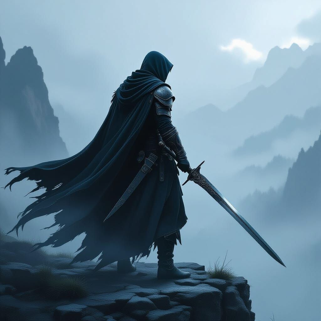 Swordsman on Windswept Crag in Dark Fantasy Style