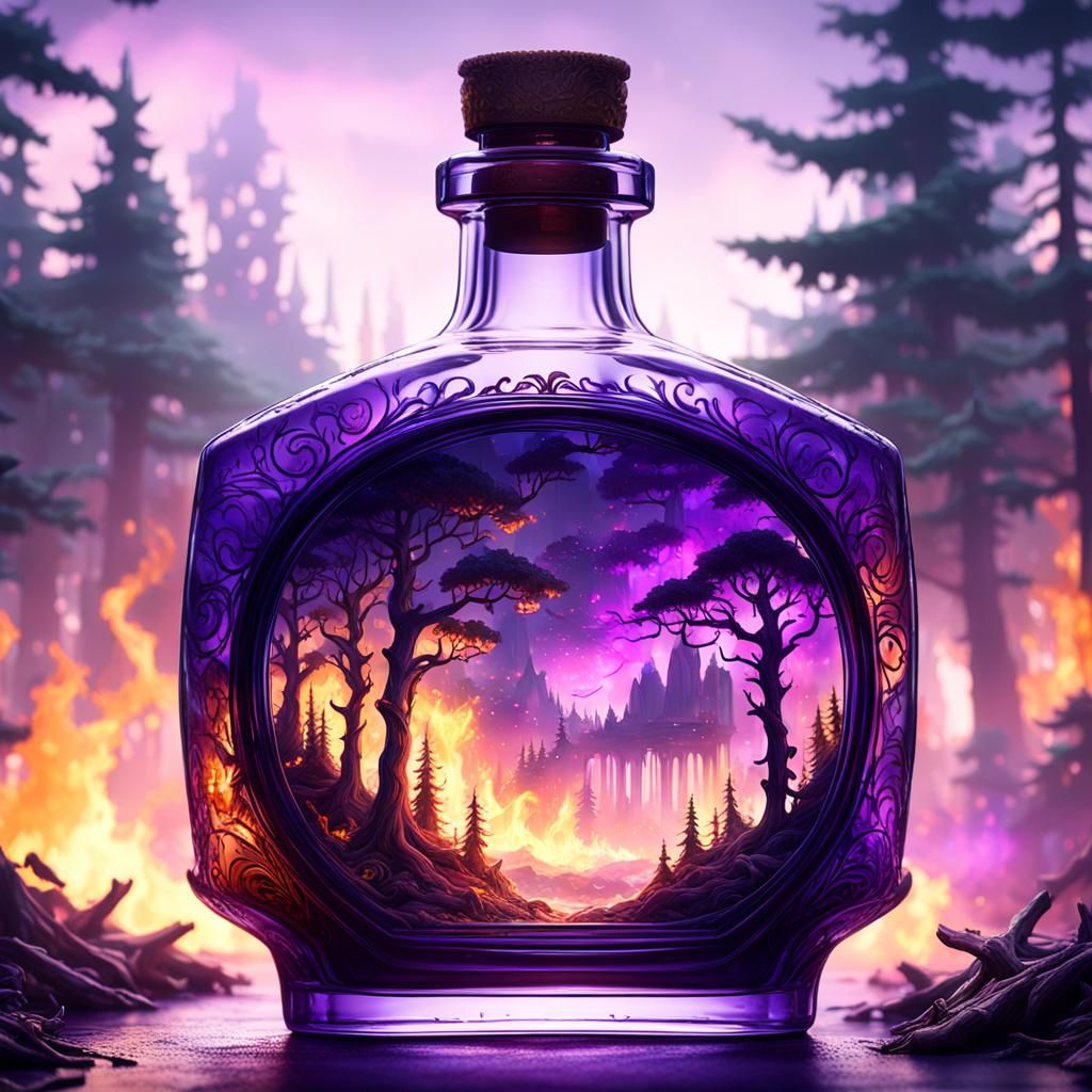 Burning Landscape in Glass Bottle: Dark Fantasy Art
