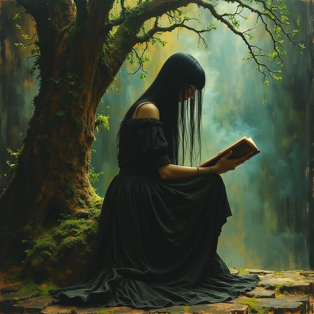 Gothic Woman Reading in Bioluminescent Forest as Oil Paintin...