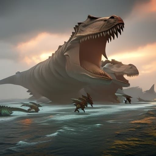 Epic Dinosaur Sea Battle in Dark Fantasy Style