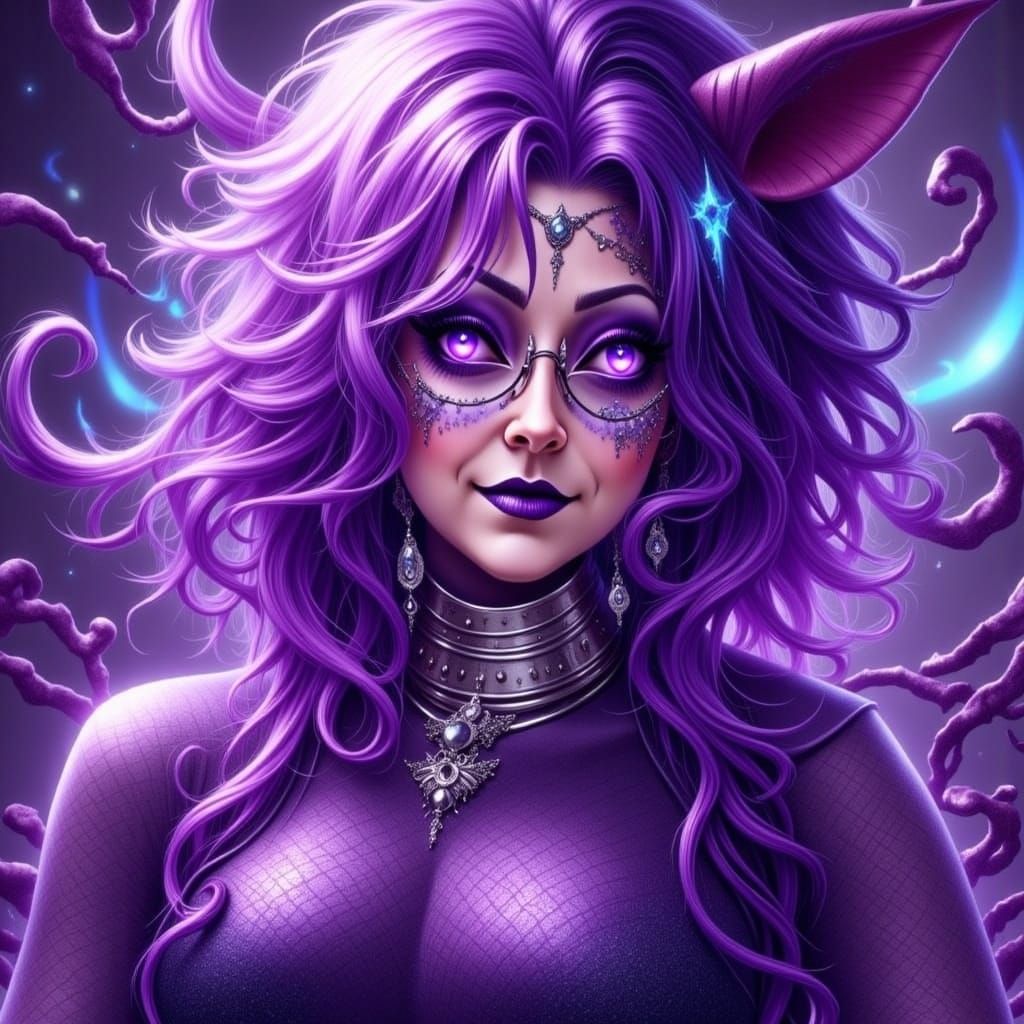Metallic-Eyed Figure in Electric Purple Hues