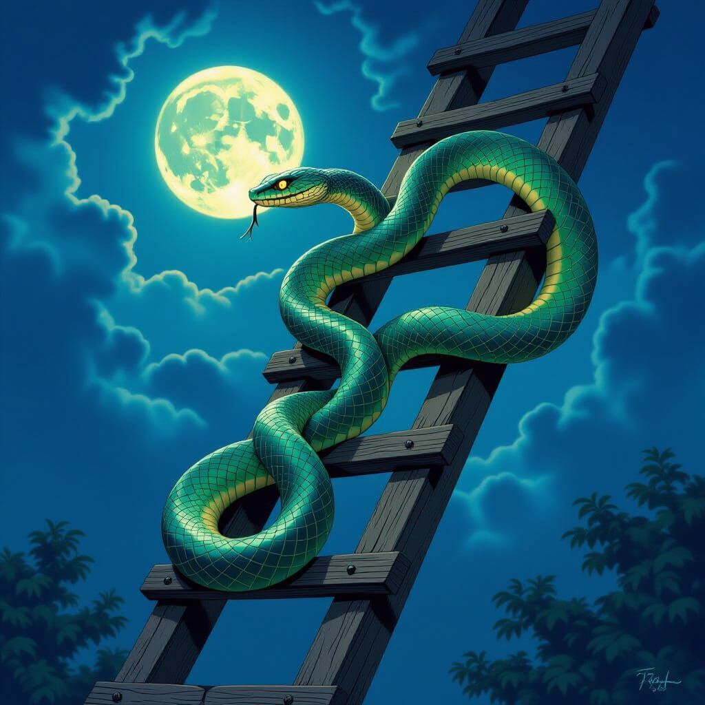 Mystical Serpent Ascends Ladder Under Twilight Sky