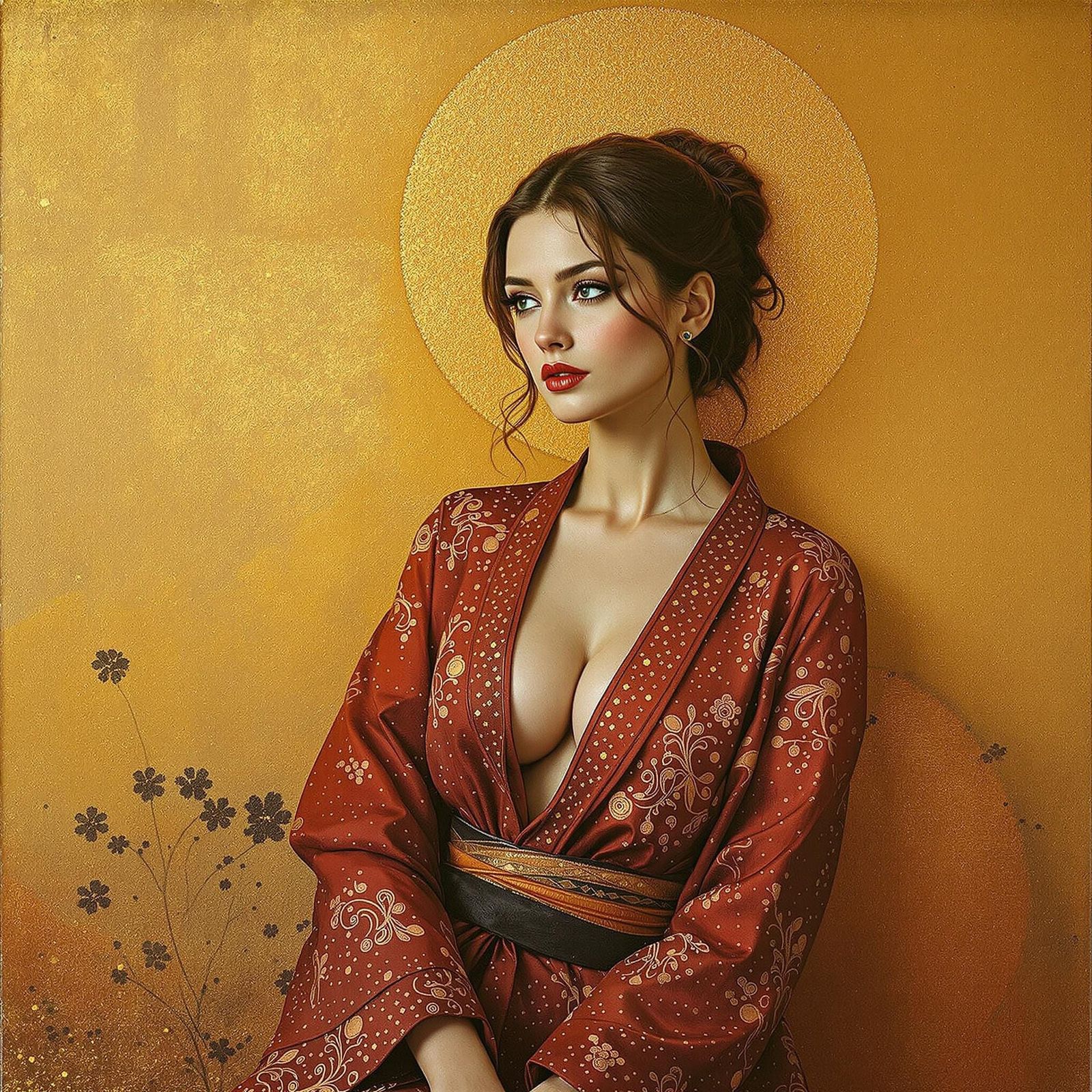Woman in Kimono: Klimt-Inspired Semi-Figurative Art