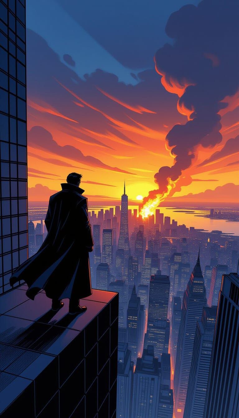 Skyscraper Figure Gazing at Burning Horizon in Comic Art