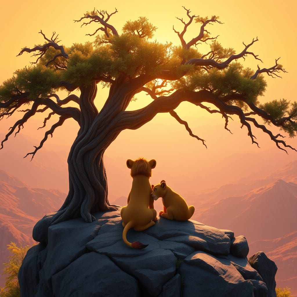 Majestic Lion Couple Gaze Out at Their Kingdom in Golden Lig...