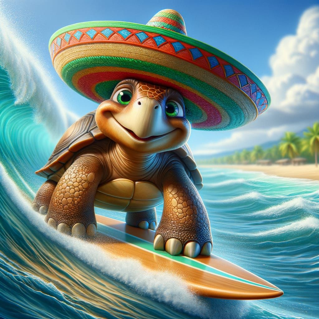Cartoon Giant Tortoise Surfing with Sombrero