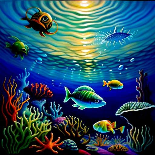 Surreal Sea Aliens in Oil Canvas Painting