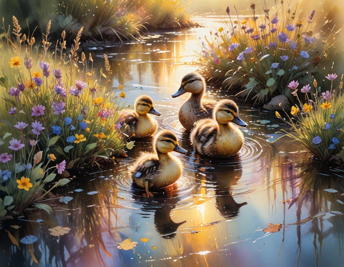 Ducklings Play in Meadow with Watercolor Style