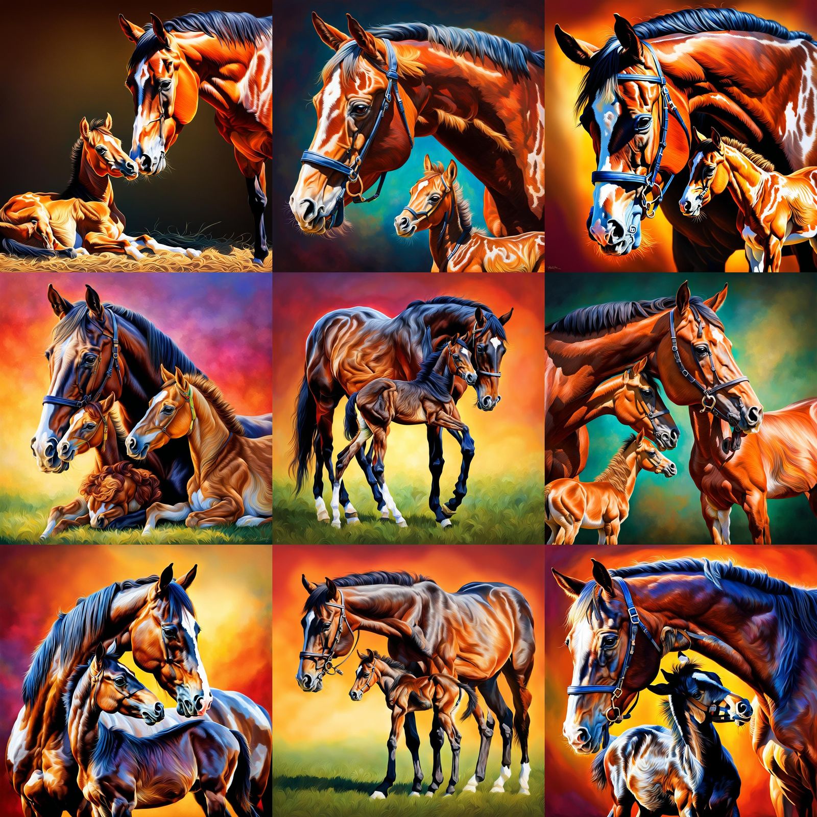 Thoroughbred Mare Nursing Foal: Hyperrealistic Splash Art
