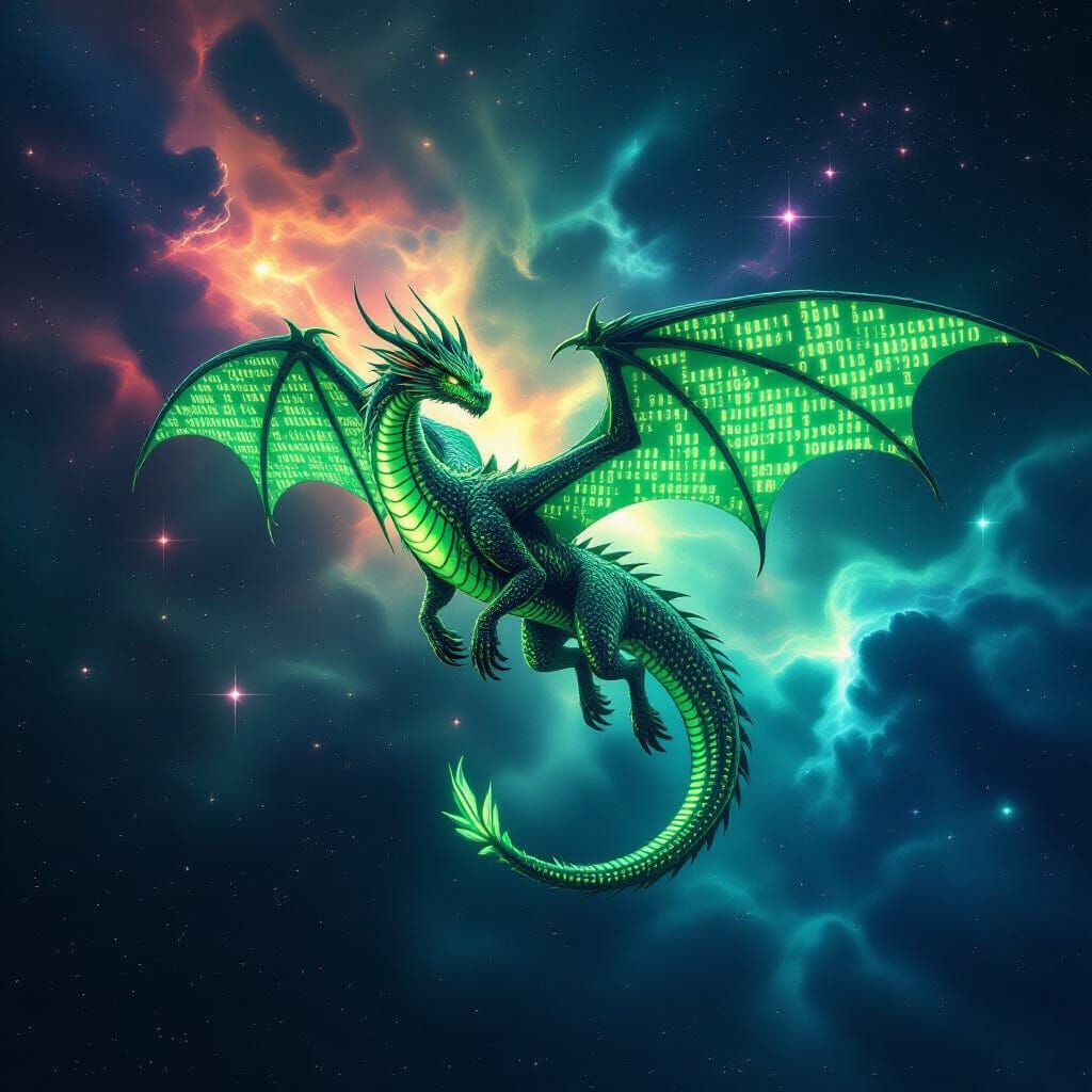 Dragon of Binary Code Soars Through Data Nebula