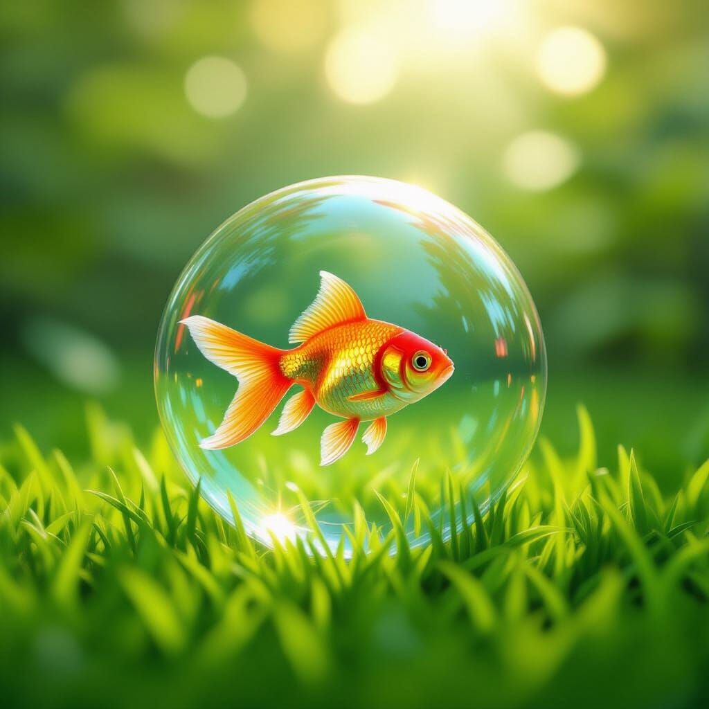 Goldfish in Bubble on Grass with Fruit Garden Background