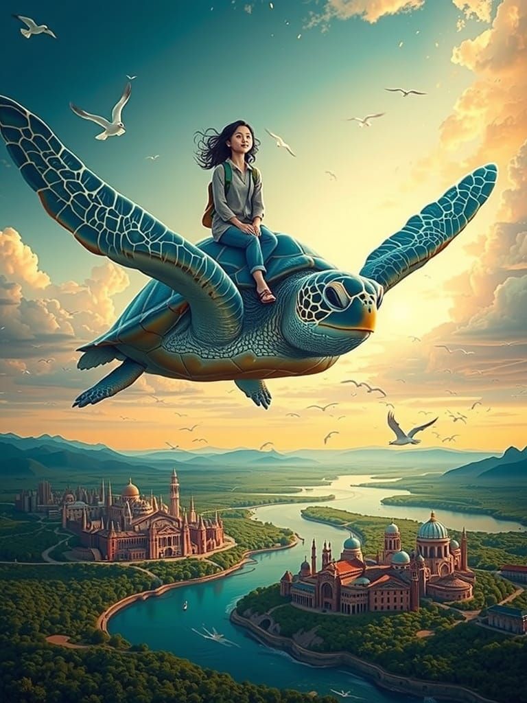 A surreal art of a turtle flying.