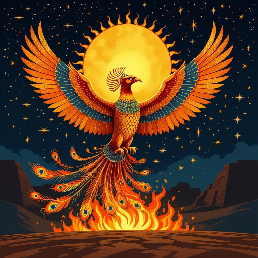 Egyptian Hieroglyph Phoenix Rises from Fiery Sun Disc
