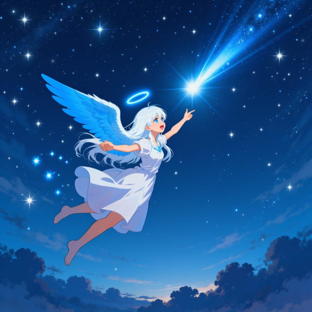 Blue Angel Flying Under Stary Sky with Shooting Star