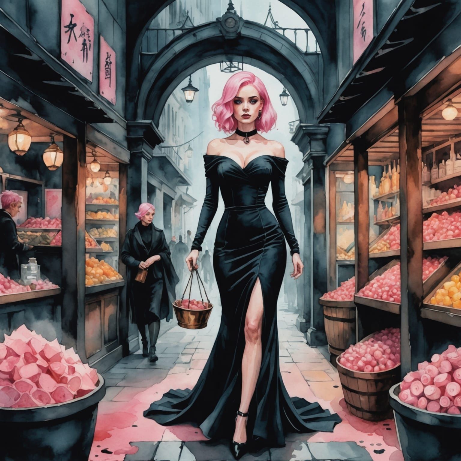 Pink Haired Woman in Underworld Market, Watercolor