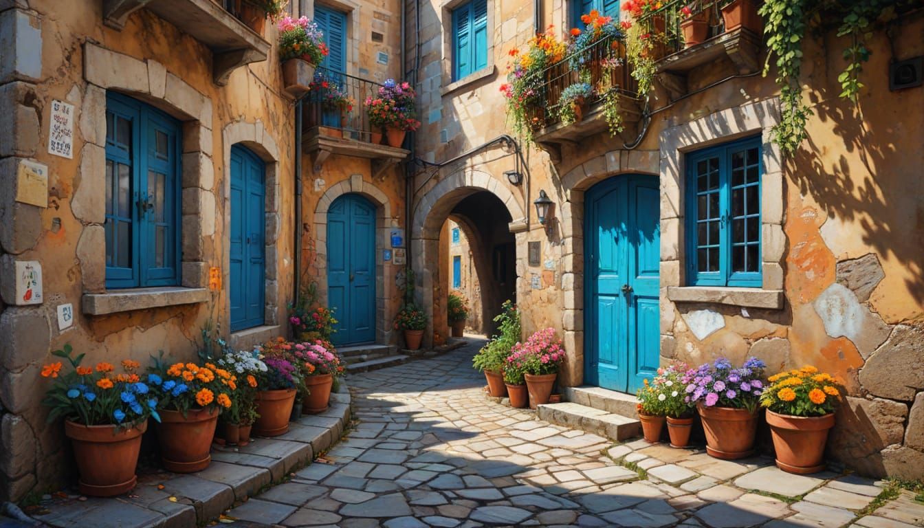 Mediterranean Village Street Scene with Flowers