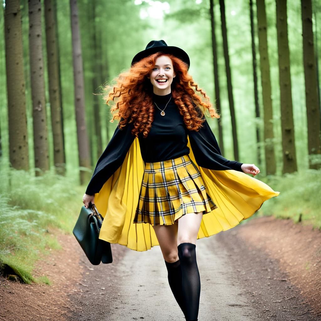 Joyful Redhead Exits Forest in Plaid Outfit