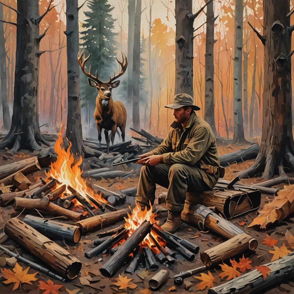 Cozy Autumnal Gouache Masterpiece of Hunter's Camp