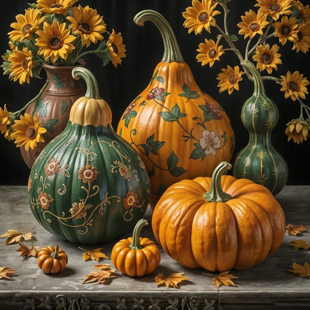 Gourds with Floral Designs in High-Definition Photography