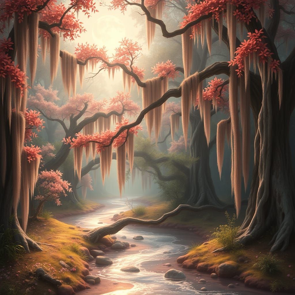 Ethereal Oak Forest under Soft Moonlight