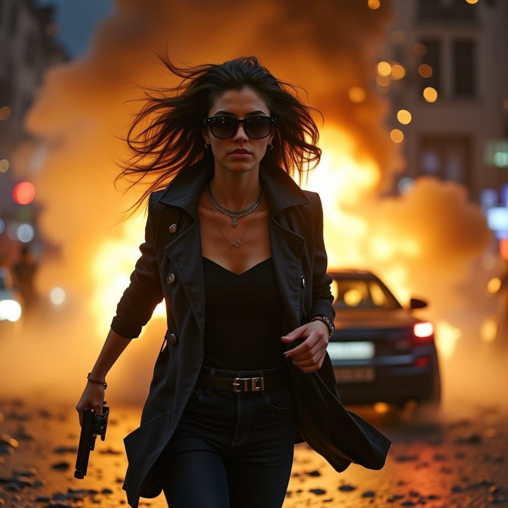 Female Detective in Slow Motion Action Scene