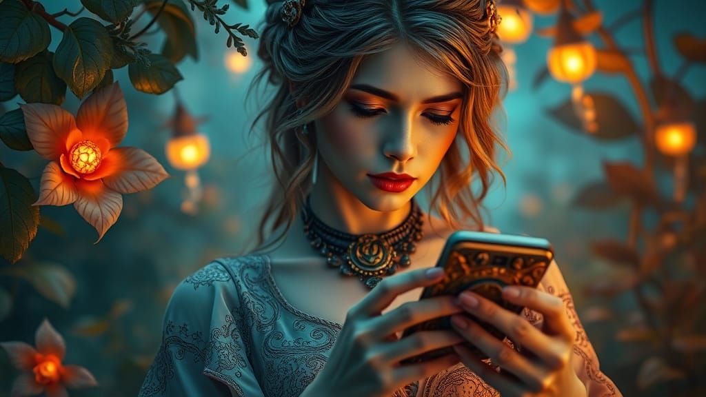 Woman Contemplating Predictable Message in Vibrant Fantasy E...