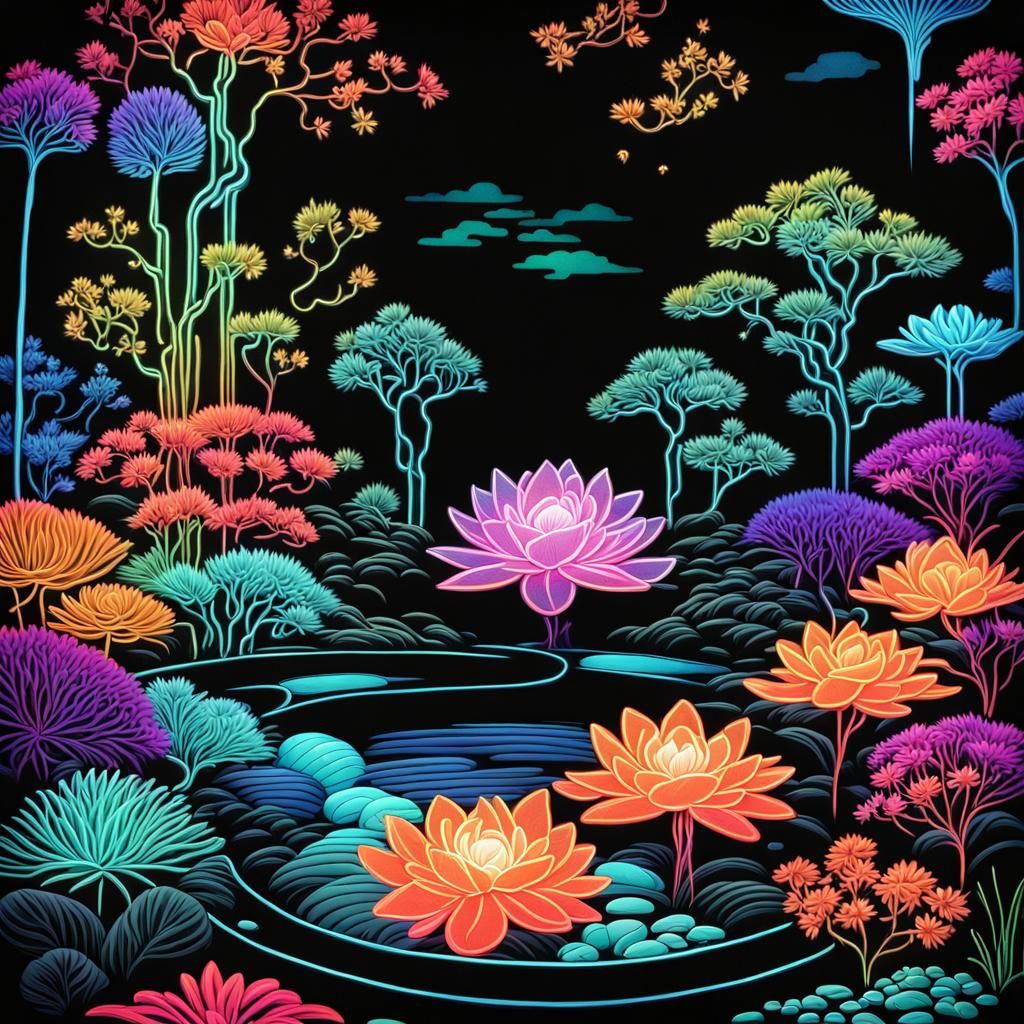 Bioluminescent Zen Garden in Neon Color Book Style