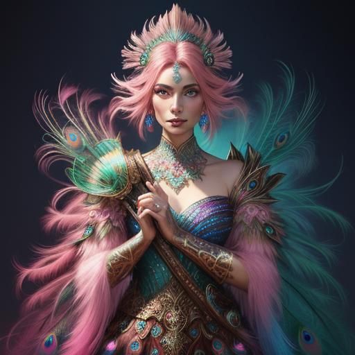 Fantasy Woman with Peacock Feathers, Hyper-realistic Art