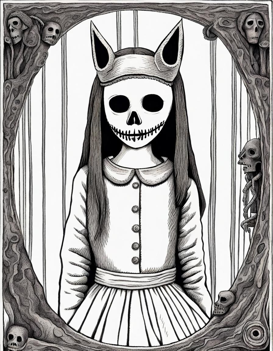 Girl with Death Mask in Children's Book Style