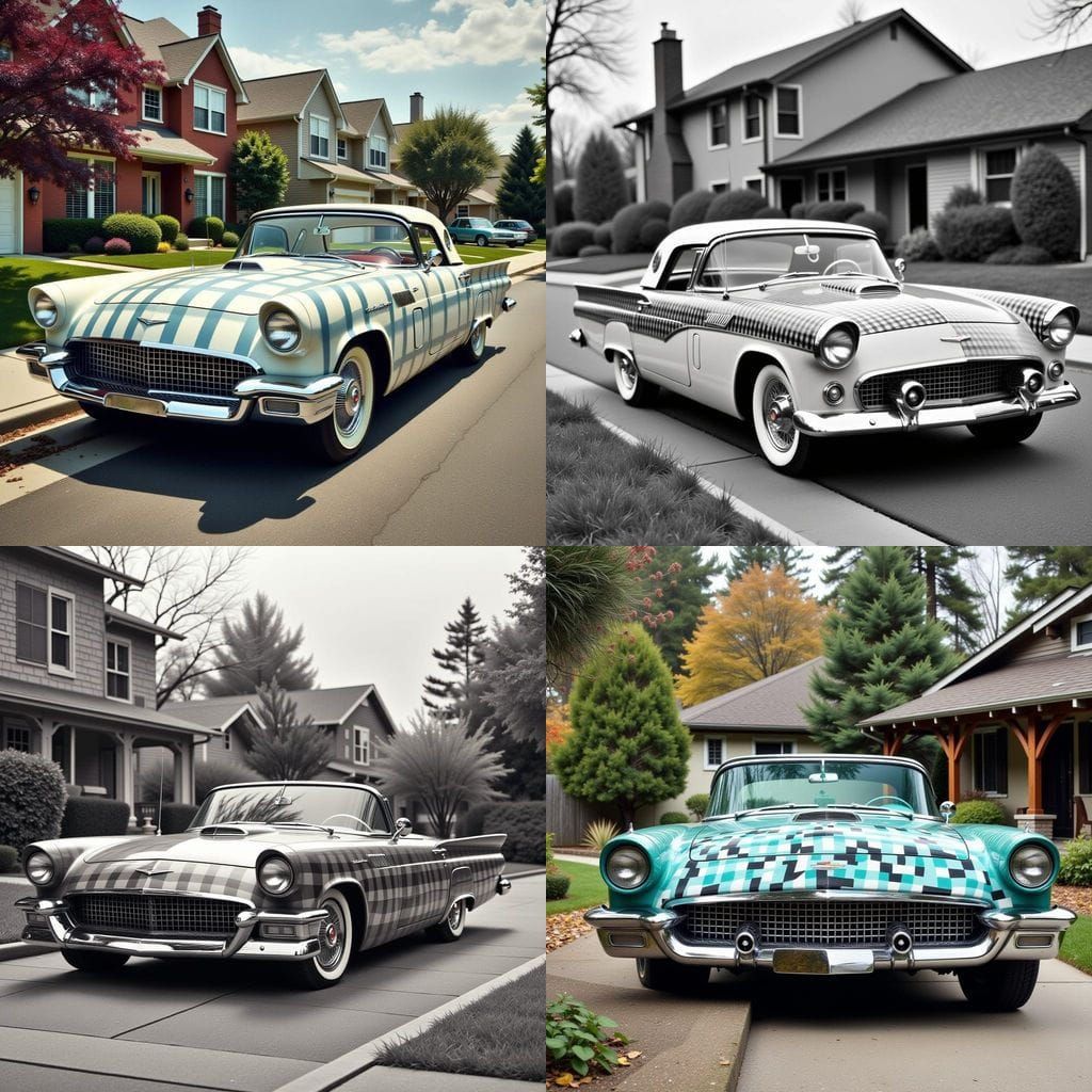 1950s Ford Thunderbird in Gingham Pattern, Parked in Residen...