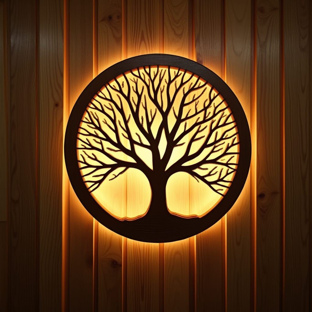 Stylized Tree Emblem in Walnut Wood Texture with Golden Back...