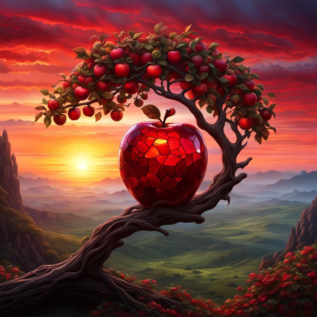 Stained Glass Apple on Branch at Sunrise