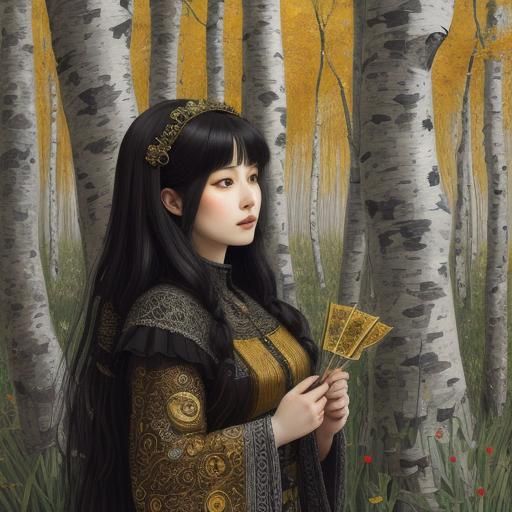 Girl in Birch Forest: Charcoal and Ink Klimt-Inspired Art