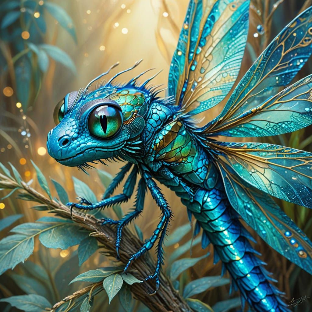 Turquoise Dragon in Flight, Watercolour Art Deco Style