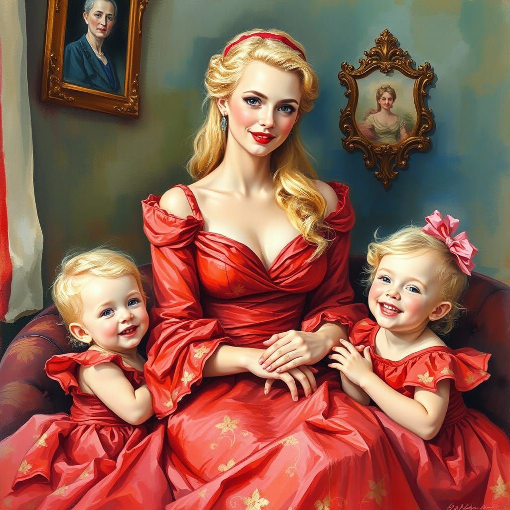 Victorian Blonde Mother Surrounded by Happy Children in Eleg...