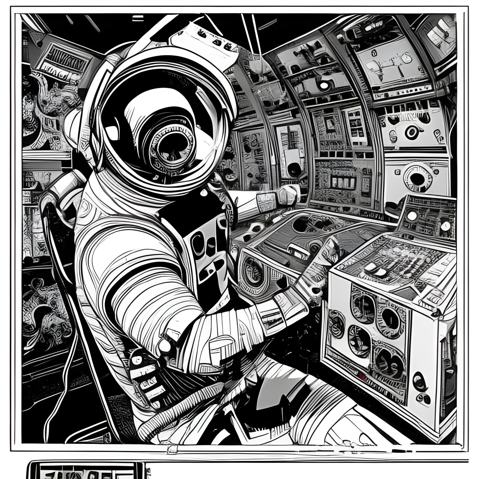 Astronauts DJing in Moebius Comic Book Style