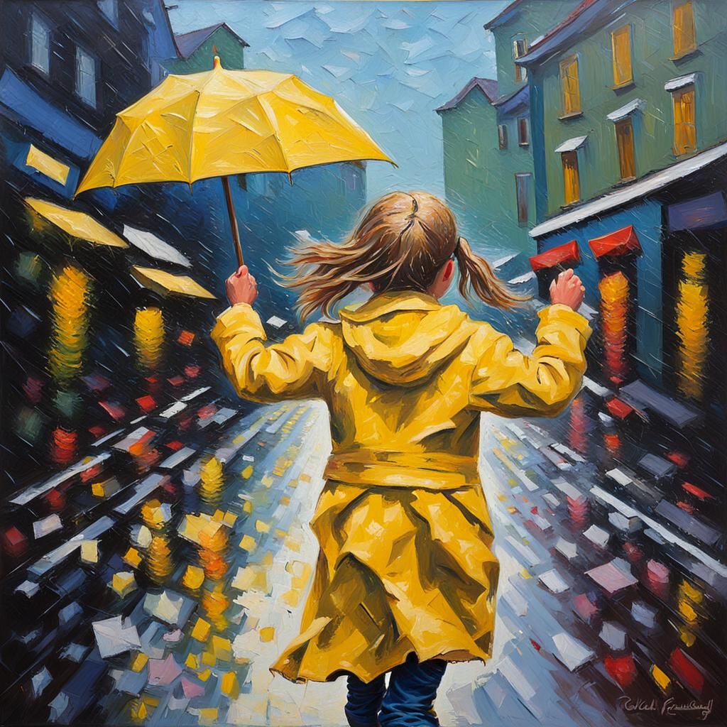 Girl Dancing in Rain: Expressionist Impasto Oil Painting