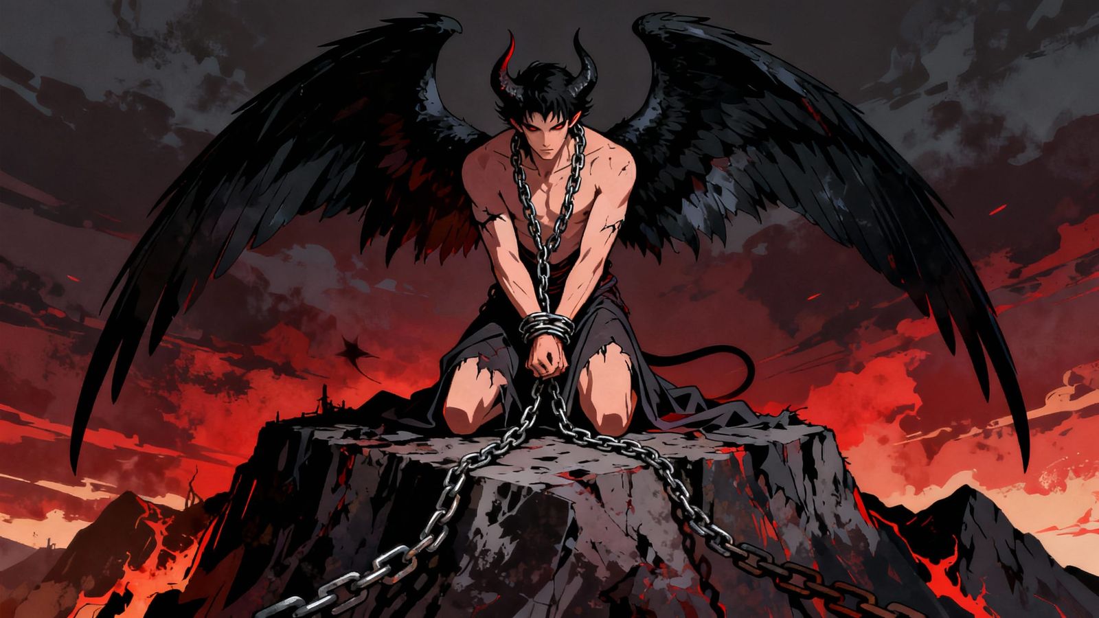 Demonic Angel Kneeling on Apocalyptic Peak